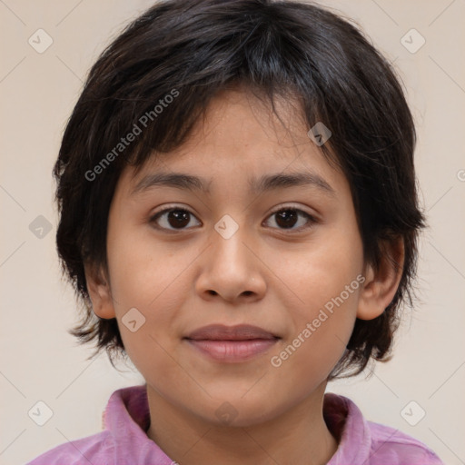 Joyful white child female with medium  brown hair and brown eyes