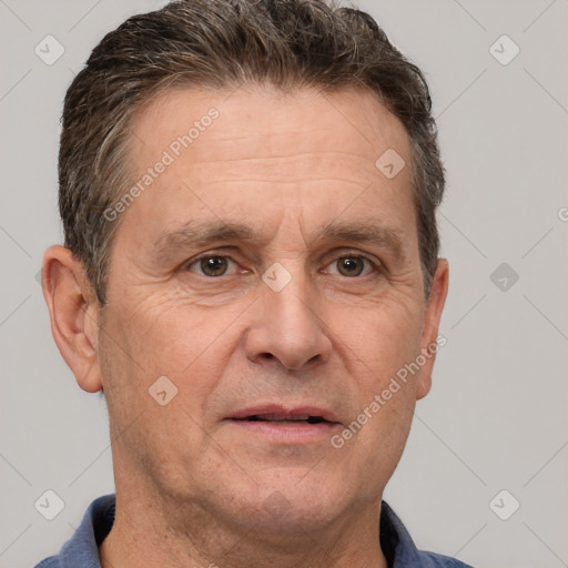 Neutral white middle-aged male with short  brown hair and brown eyes