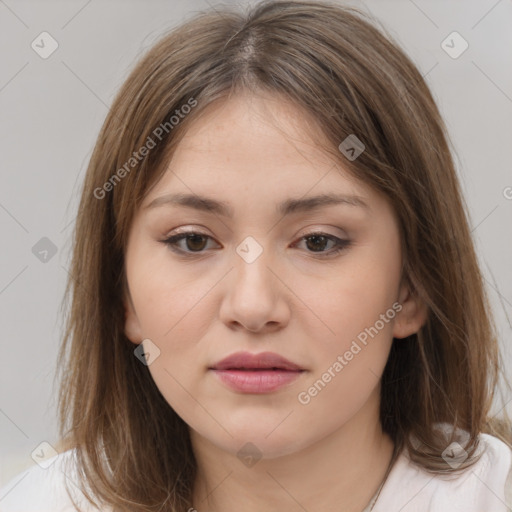 Neutral white young-adult female with medium  brown hair and brown eyes