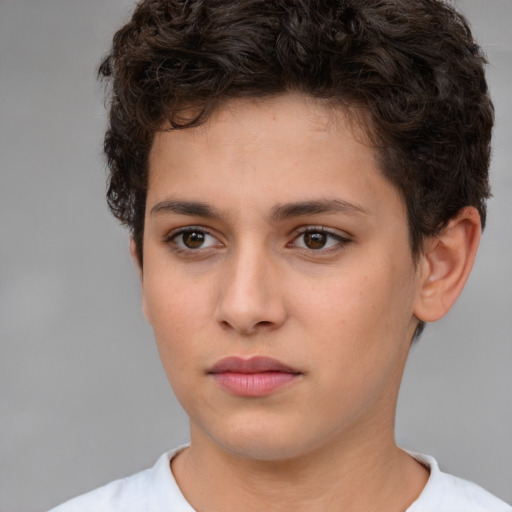 Neutral white young-adult female with short  brown hair and brown eyes