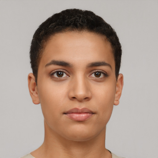Neutral latino young-adult female with short  black hair and brown eyes