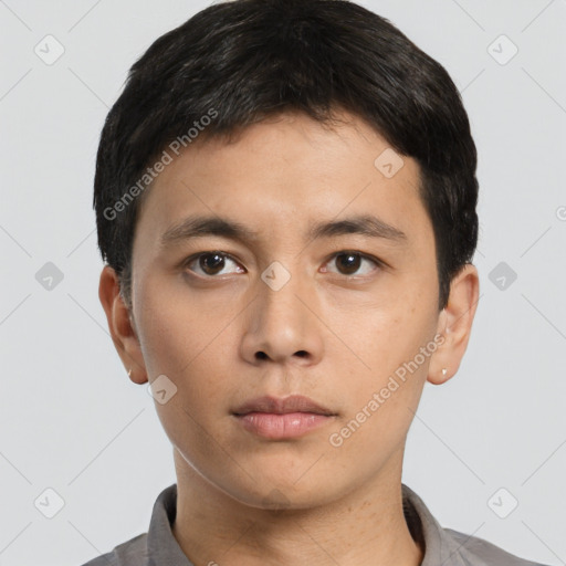 Neutral asian young-adult male with short  black hair and brown eyes