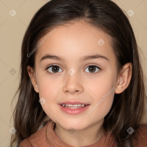 Joyful white child female with long  brown hair and brown eyes