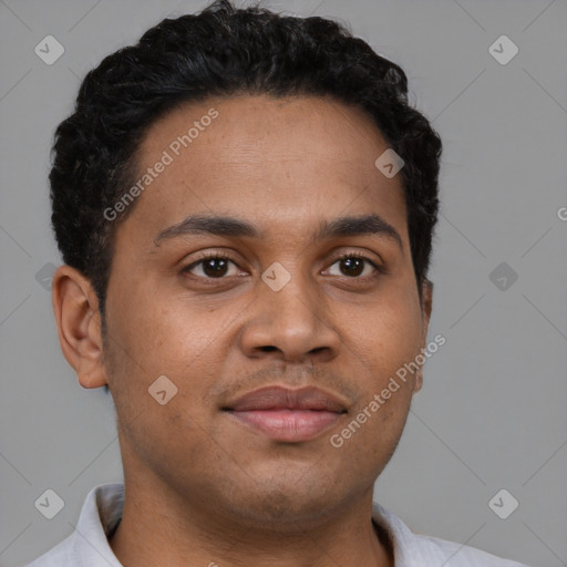Neutral latino young-adult male with short  brown hair and brown eyes