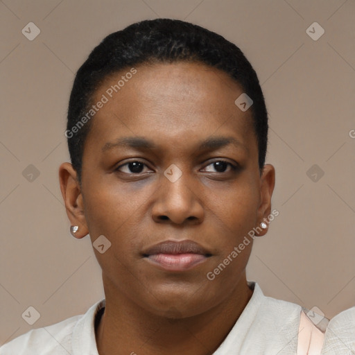 Neutral black young-adult female with short  black hair and brown eyes