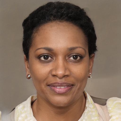 Joyful black young-adult female with short  brown hair and brown eyes