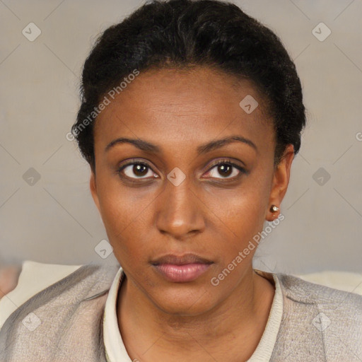 Neutral black young-adult female with short  brown hair and brown eyes