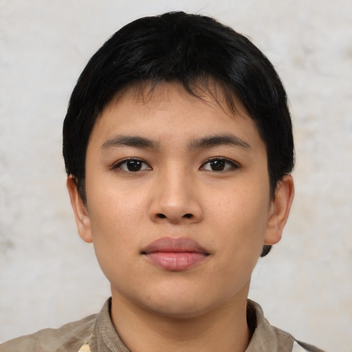 Neutral asian young-adult female with short  black hair and brown eyes