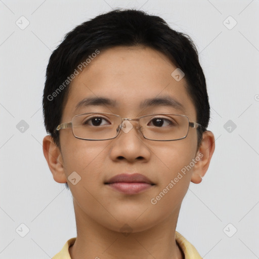 Neutral asian young-adult male with short  brown hair and brown eyes