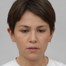 Neutral white young-adult female with short  brown hair and brown eyes