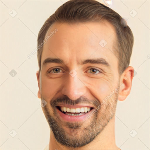 Joyful white adult male with short  brown hair and brown eyes