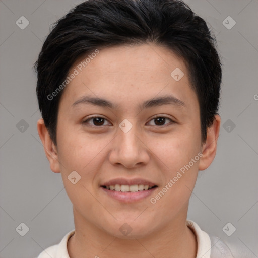 Joyful white young-adult female with short  brown hair and brown eyes