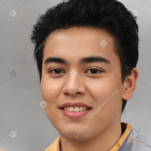 Joyful latino young-adult male with short  brown hair and brown eyes