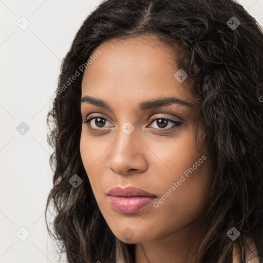 Neutral white young-adult female with long  brown hair and brown eyes