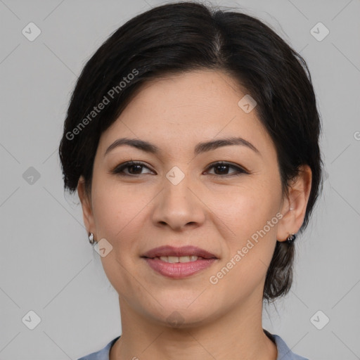 Joyful asian young-adult female with medium  brown hair and brown eyes