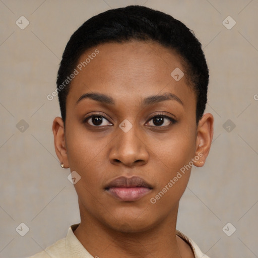 Neutral black young-adult female with short  black hair and brown eyes