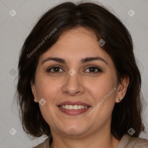 Joyful white young-adult female with medium  brown hair and brown eyes