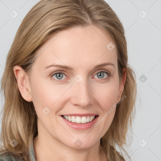 Joyful white young-adult female with medium  brown hair and blue eyes