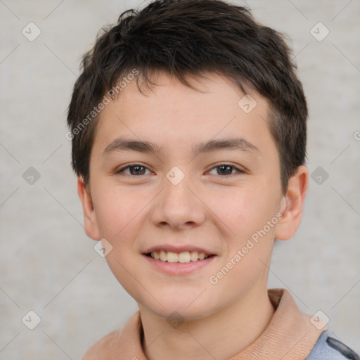 Joyful white child male with short  brown hair and brown eyes