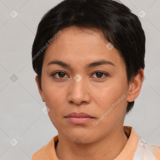 Neutral asian young-adult female with short  brown hair and brown eyes