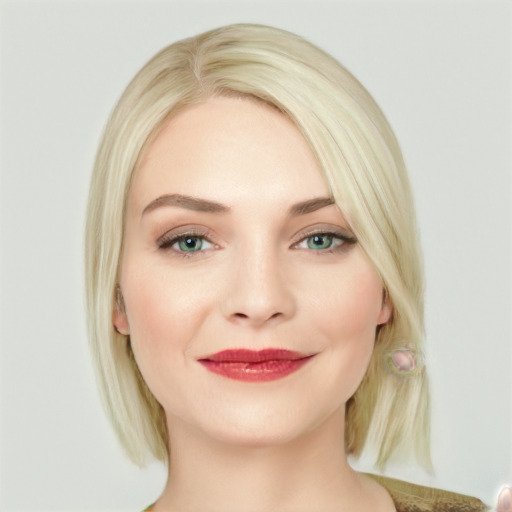 Joyful white young-adult female with medium  brown hair and blue eyes