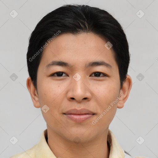 Joyful asian young-adult male with short  brown hair and brown eyes