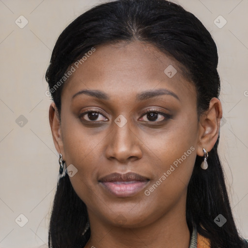 Joyful asian young-adult female with long  black hair and brown eyes