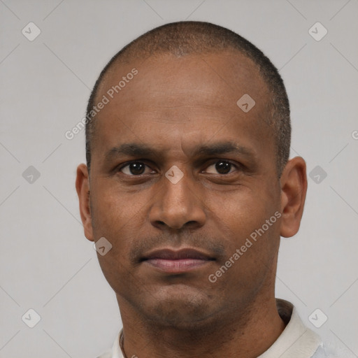 Neutral latino adult male with short  brown hair and brown eyes