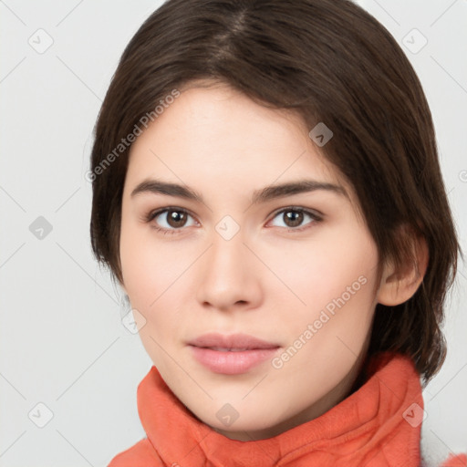 Neutral white young-adult female with medium  brown hair and brown eyes