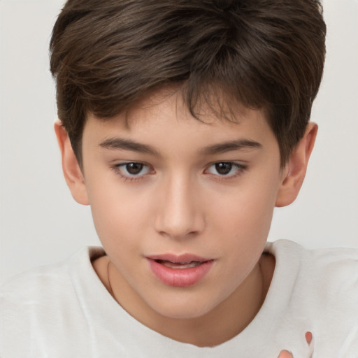 Joyful white child female with short  brown hair and brown eyes