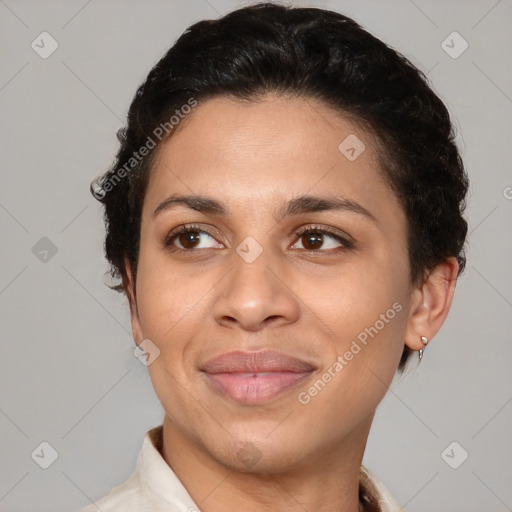 Joyful white adult female with short  brown hair and brown eyes