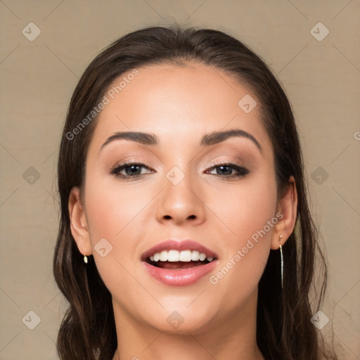 Joyful white young-adult female with long  brown hair and brown eyes