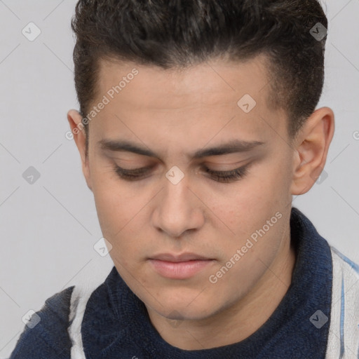 Neutral white young-adult male with short  brown hair and brown eyes