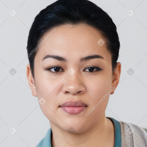 Joyful asian young-adult female with short  black hair and brown eyes