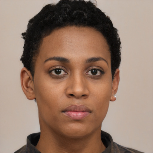 Neutral black young-adult female with short  brown hair and brown eyes