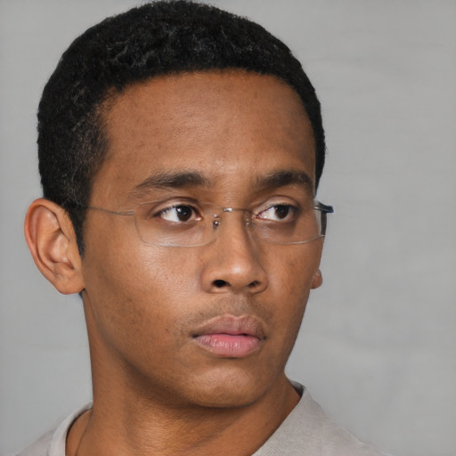 Neutral black young-adult male with short  brown hair and brown eyes
