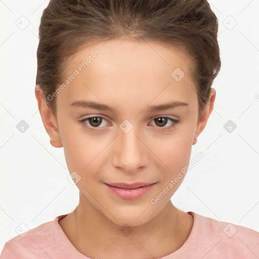 Joyful white child female with short  brown hair and brown eyes