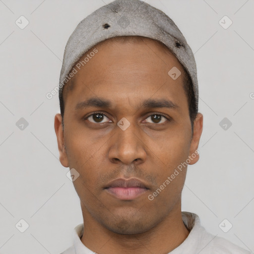 Neutral black young-adult male with short  black hair and brown eyes