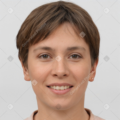 Joyful white young-adult female with short  brown hair and brown eyes