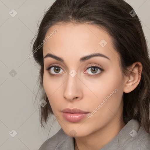 Neutral white young-adult female with medium  brown hair and brown eyes