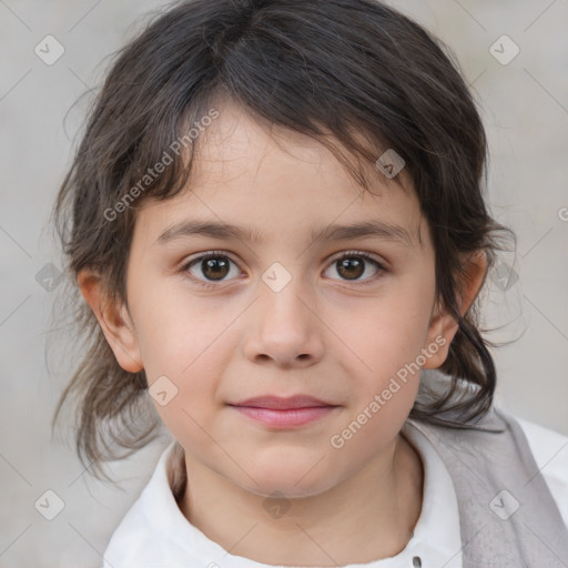 Joyful white child female with medium  brown hair and brown eyes