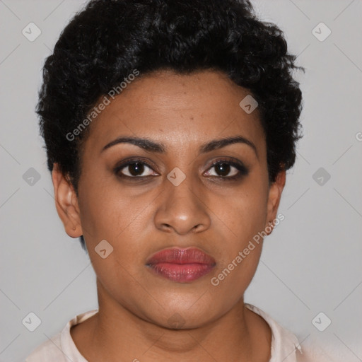 Joyful latino young-adult female with short  brown hair and brown eyes