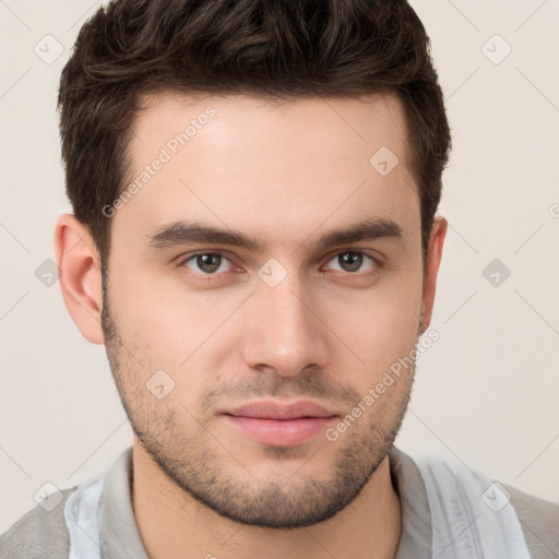 Neutral white young-adult male with short  brown hair and brown eyes