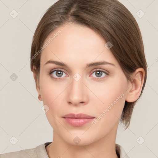 Neutral white young-adult female with medium  brown hair and grey eyes