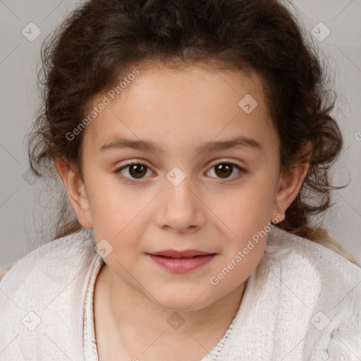 Joyful white child female with medium  brown hair and brown eyes