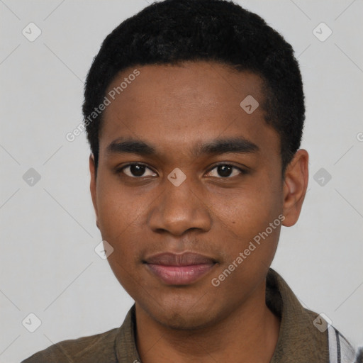 Joyful black young-adult male with short  black hair and brown eyes