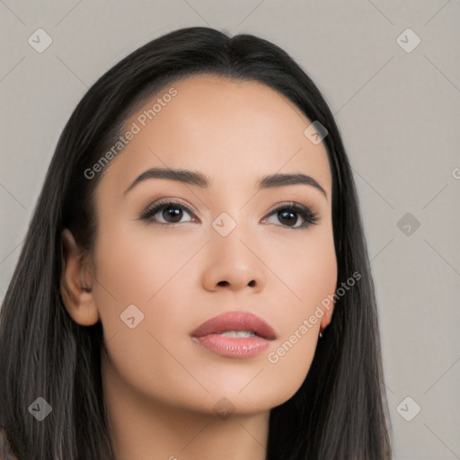 Neutral asian young-adult female with long  black hair and brown eyes