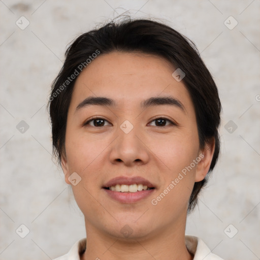 Joyful white young-adult female with medium  brown hair and brown eyes