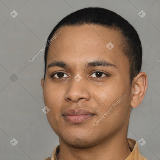 Neutral latino young-adult male with short  black hair and brown eyes