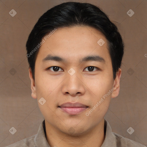 Neutral asian young-adult male with short  black hair and brown eyes